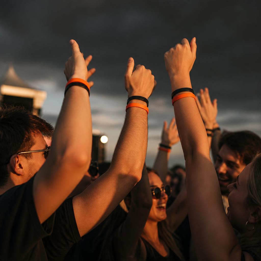 Público de evento com pulseiras de silicone nos pulsos